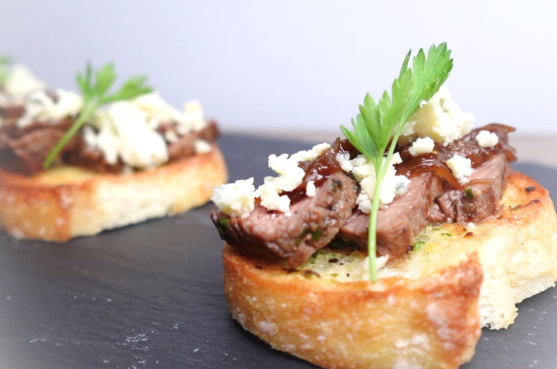 Steak Crostini with Onion Fig Jam and Blue Cheese